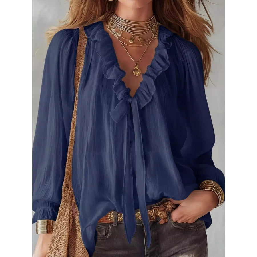 Ruffle Long Sleeve Blouse Navy / S Apparel and Accessories