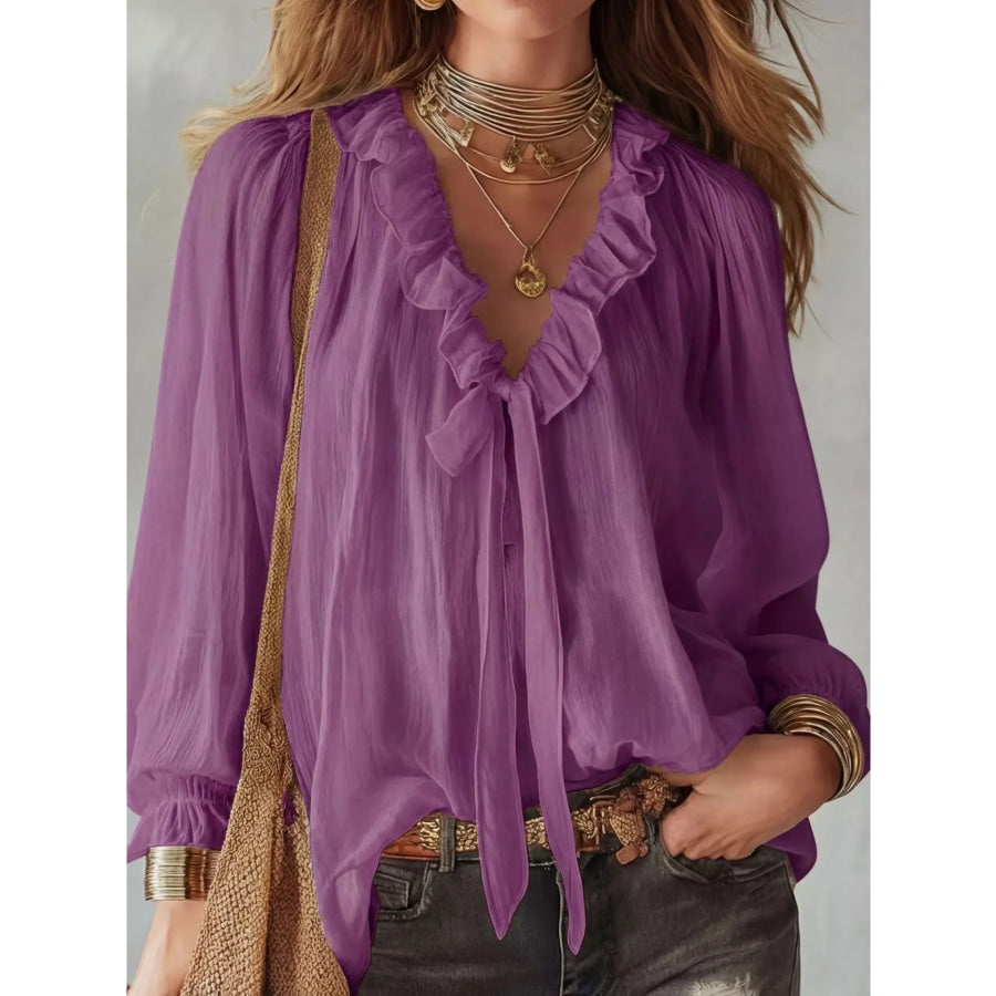 Ruffle Long Sleeve Blouse Purple / S Apparel and Accessories