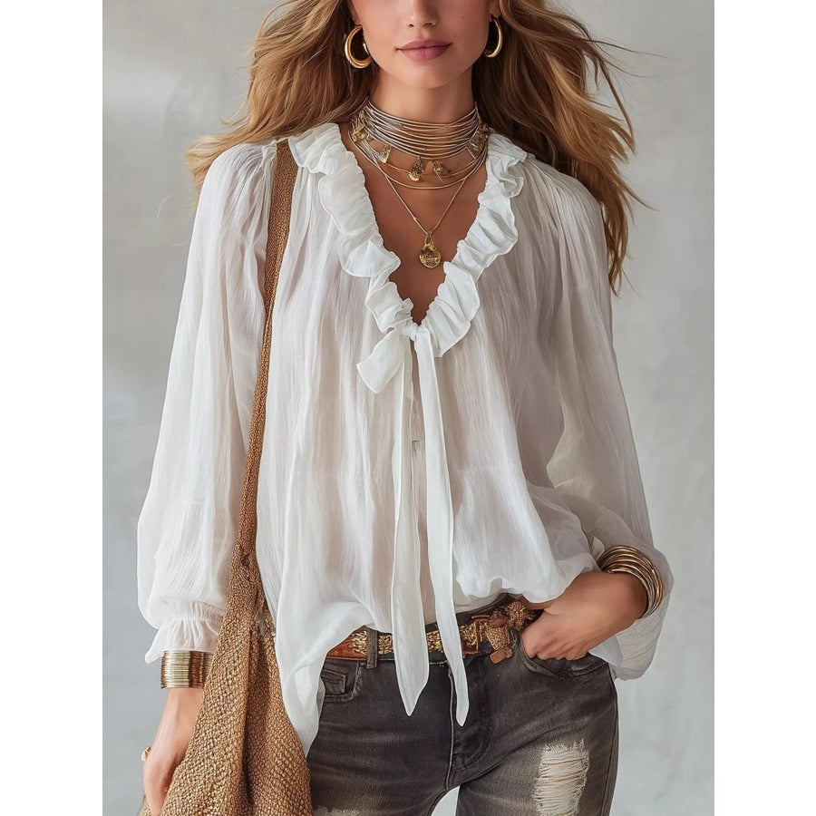 Ruffle Long Sleeve Blouse White / S Apparel and Accessories