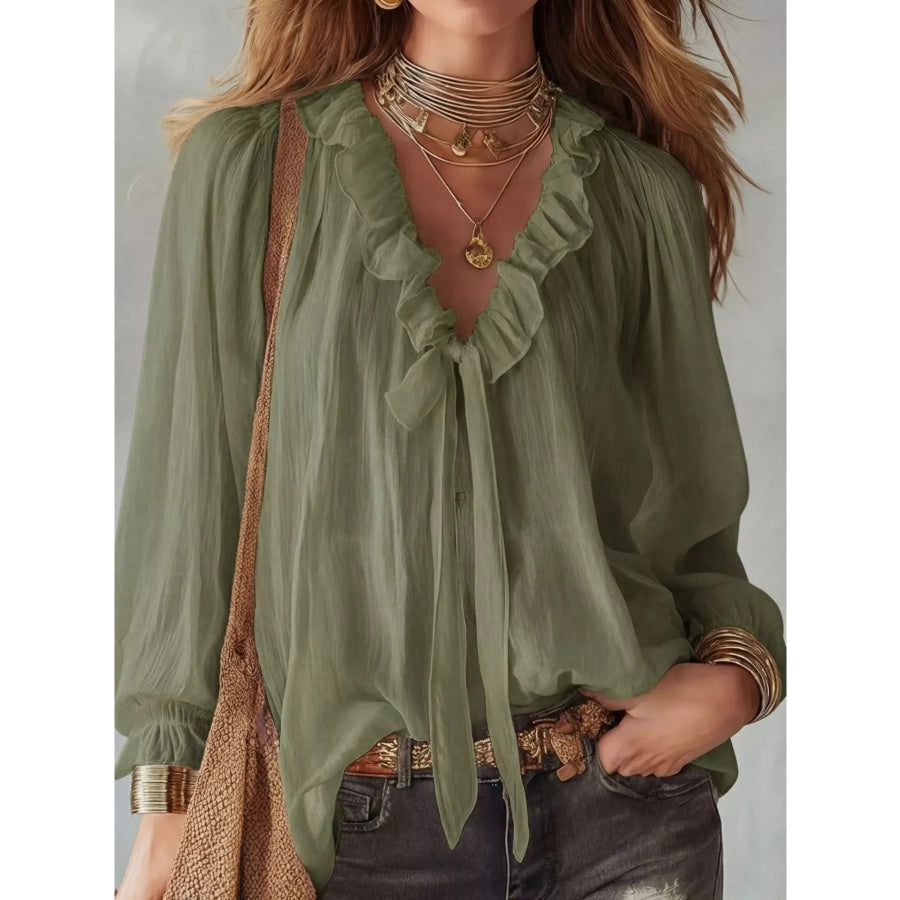 Ruffle Long Sleeve Blouse Yellow-green / S Apparel and Accessories