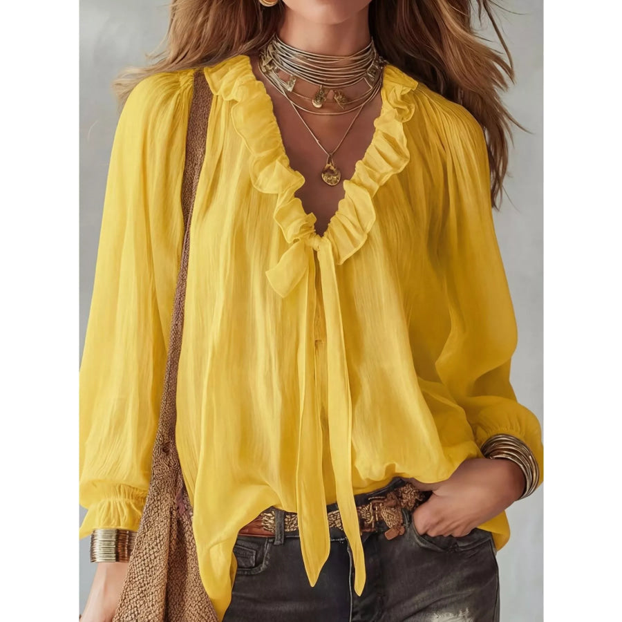 Ruffle Long Sleeve Blouse Yellow / S Apparel and Accessories