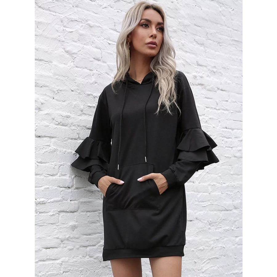 Ruffle Long Sleeve Hooded Mini Dress Apparel and Accessories