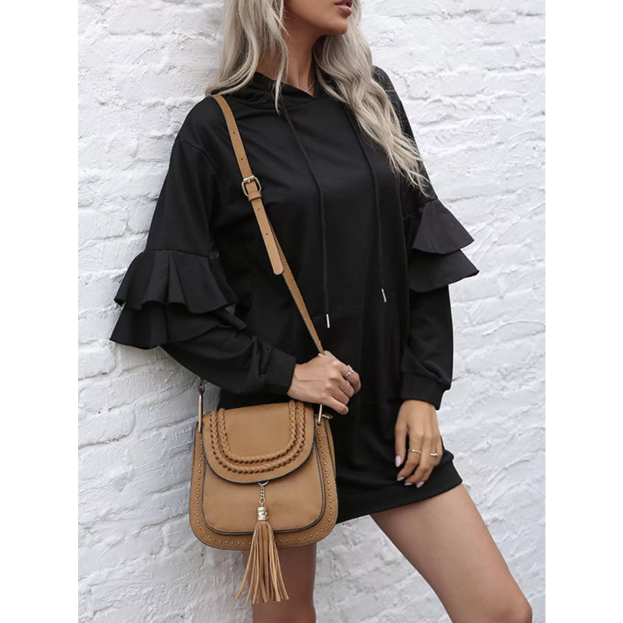 Ruffle Long Sleeve Hooded Mini Dress Apparel and Accessories