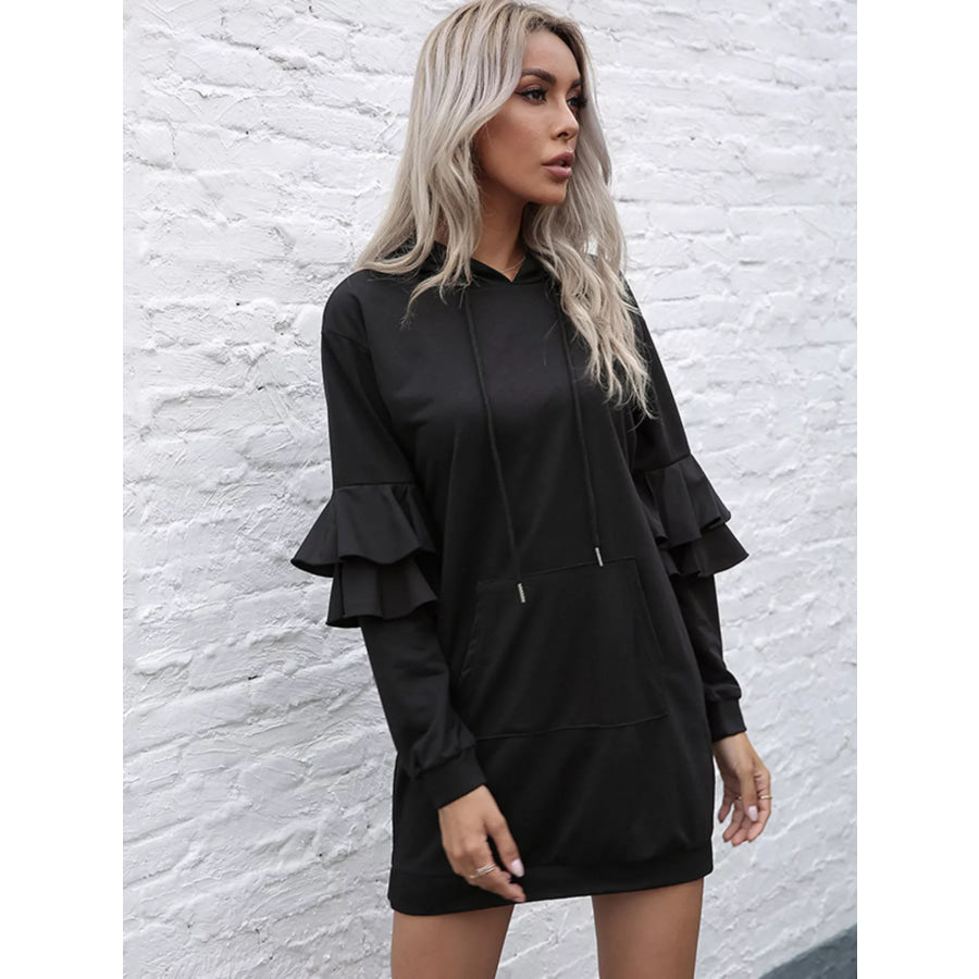 Ruffle Long Sleeve Hooded Mini Dress Black / S Apparel and Accessories