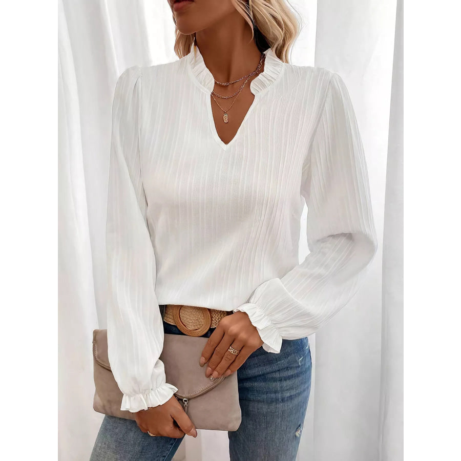 Ruffle Notched Long Sleeve Blouse Apparel and Accessories