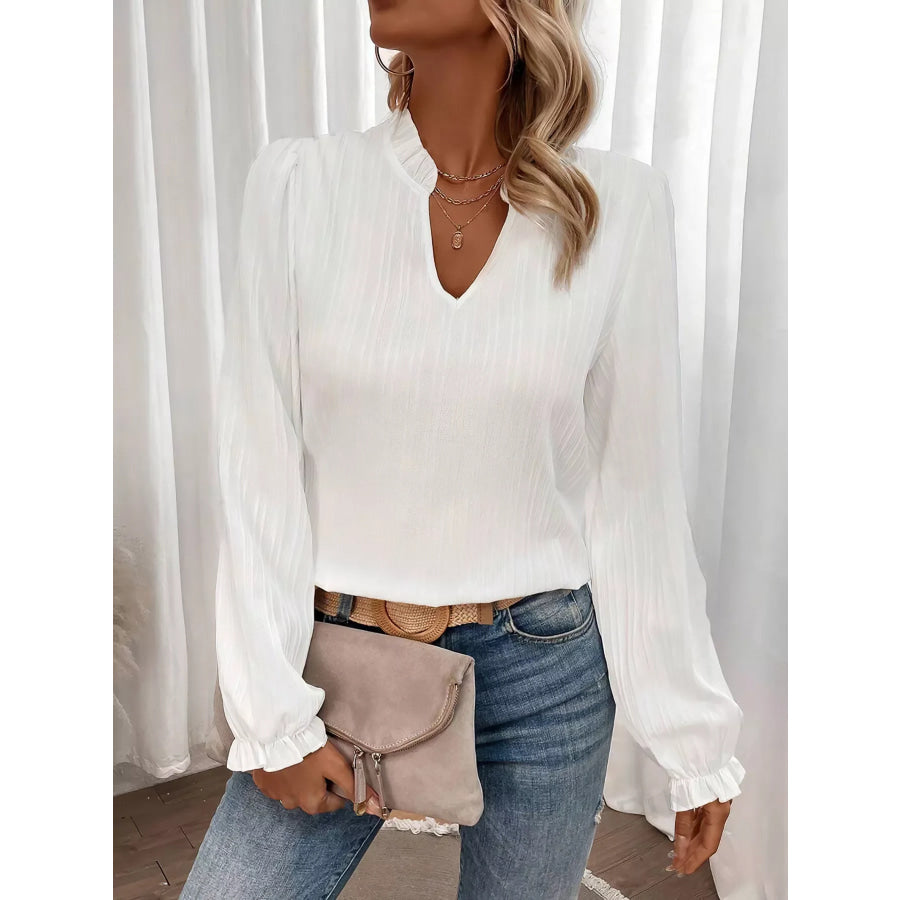 Ruffle Notched Long Sleeve Blouse Apparel and Accessories