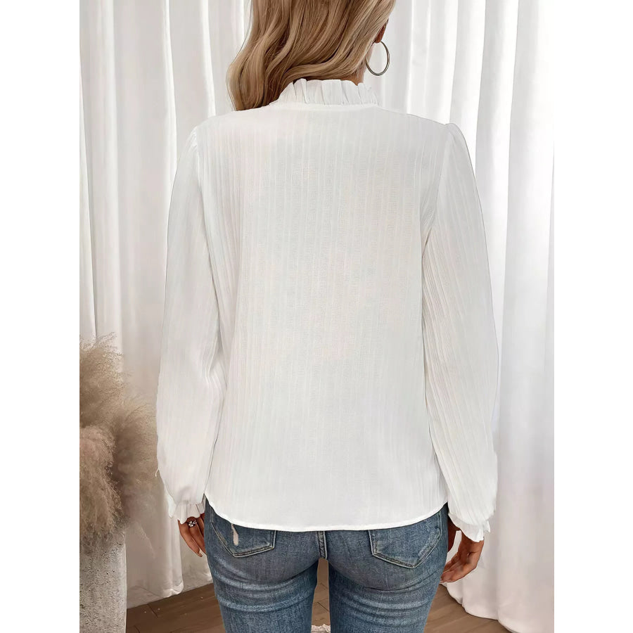 Ruffle Notched Long Sleeve Blouse Apparel and Accessories
