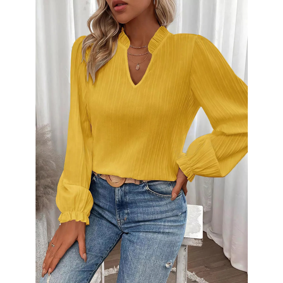 Ruffle Notched Long Sleeve Blouse Apparel and Accessories