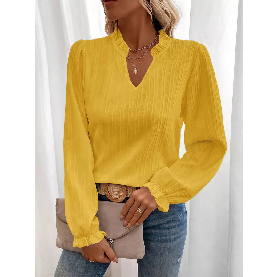 Ruffle Notched Long Sleeve Blouse Yellow / S Apparel and Accessories