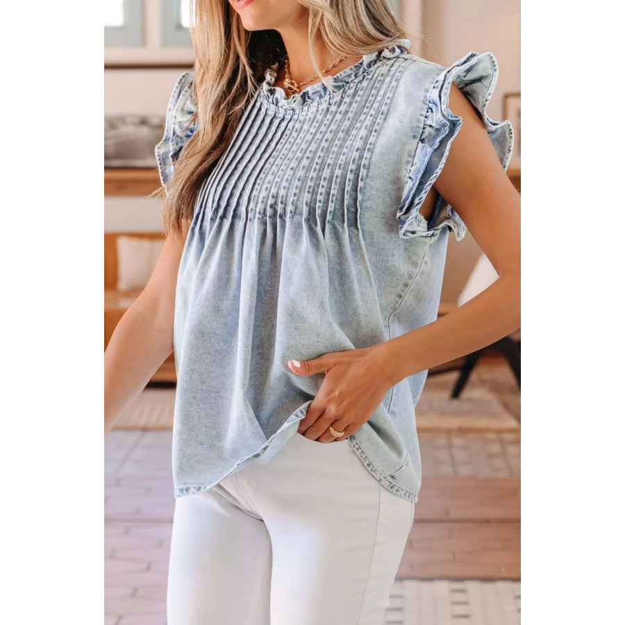 Ruffle Pleated Detail Vintage Washed Denim Top Apparel and Accessories