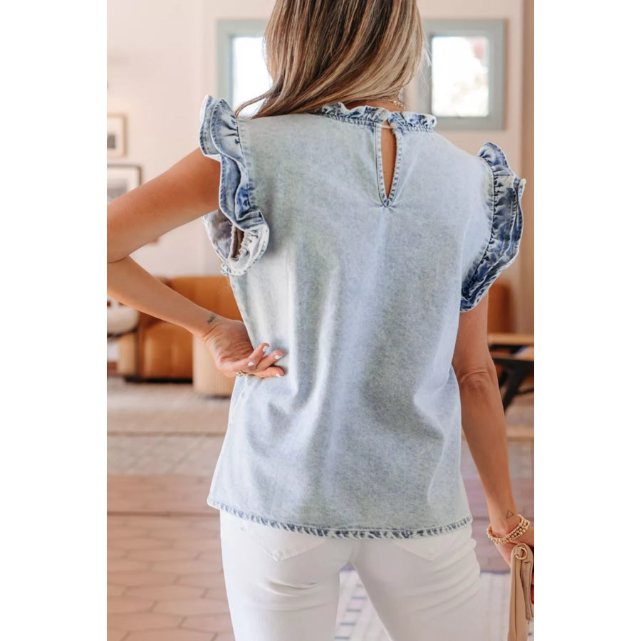 Ruffle Pleated Detail Vintage Washed Denim Top Light Blue / S Apparel and Accessories