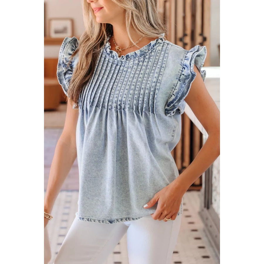 Ruffle Pleated Detail Vintage Washed Denim Top Apparel and Accessories