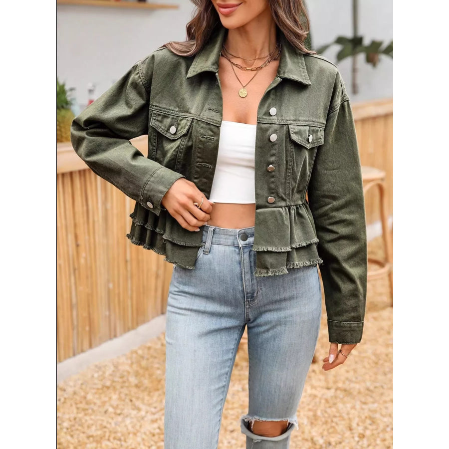 Ruffle Raw Hem Denim Jacket Army Green / XS Apparel and Accessories
