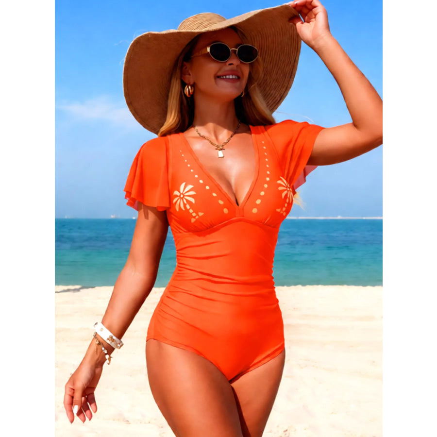 Ruffle Sleeve One-Piece Swimsuit Orange / S Apparel and Accessories