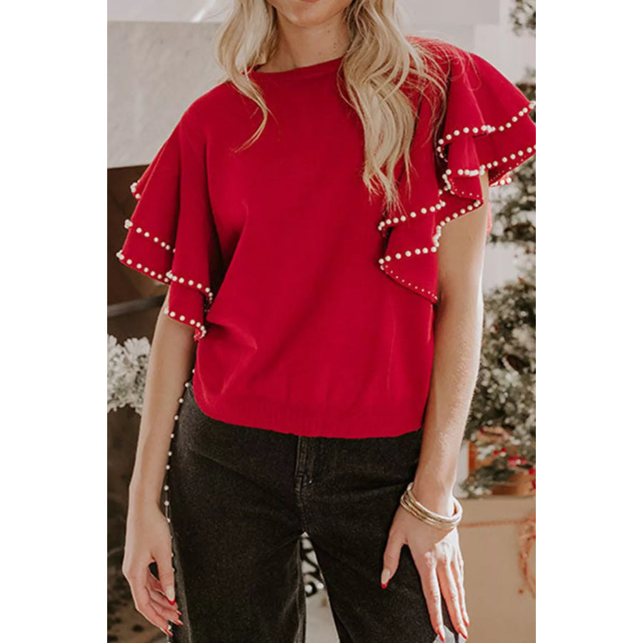 Ruffle Sleeve Pearl Embellished Knit Top Apparel and Accessories