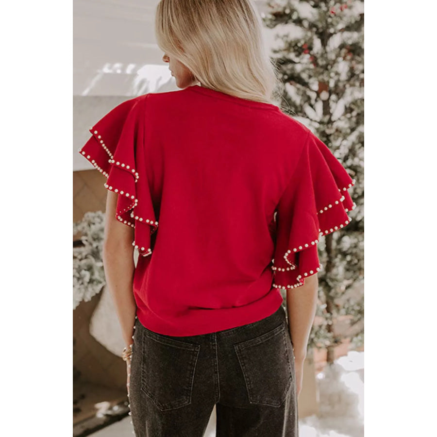 Ruffle Sleeve Pearl Embellished Knit Top Apparel and Accessories