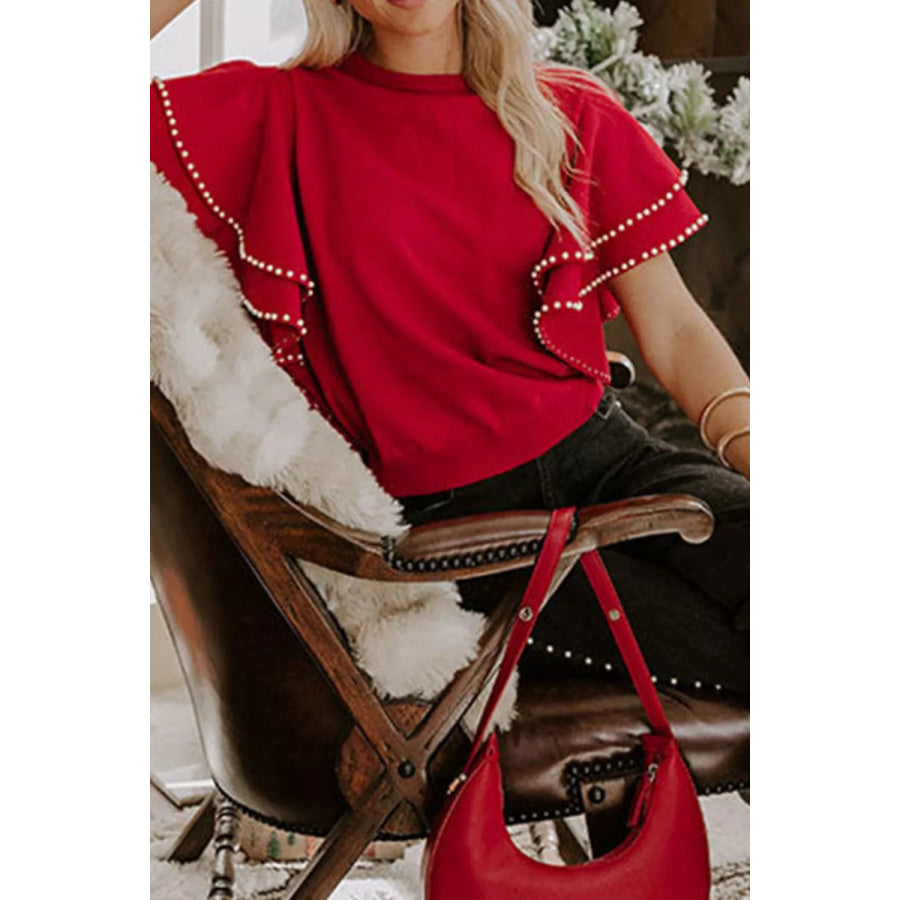 Ruffle Sleeve Pearl Embellished Knit Top Apparel and Accessories