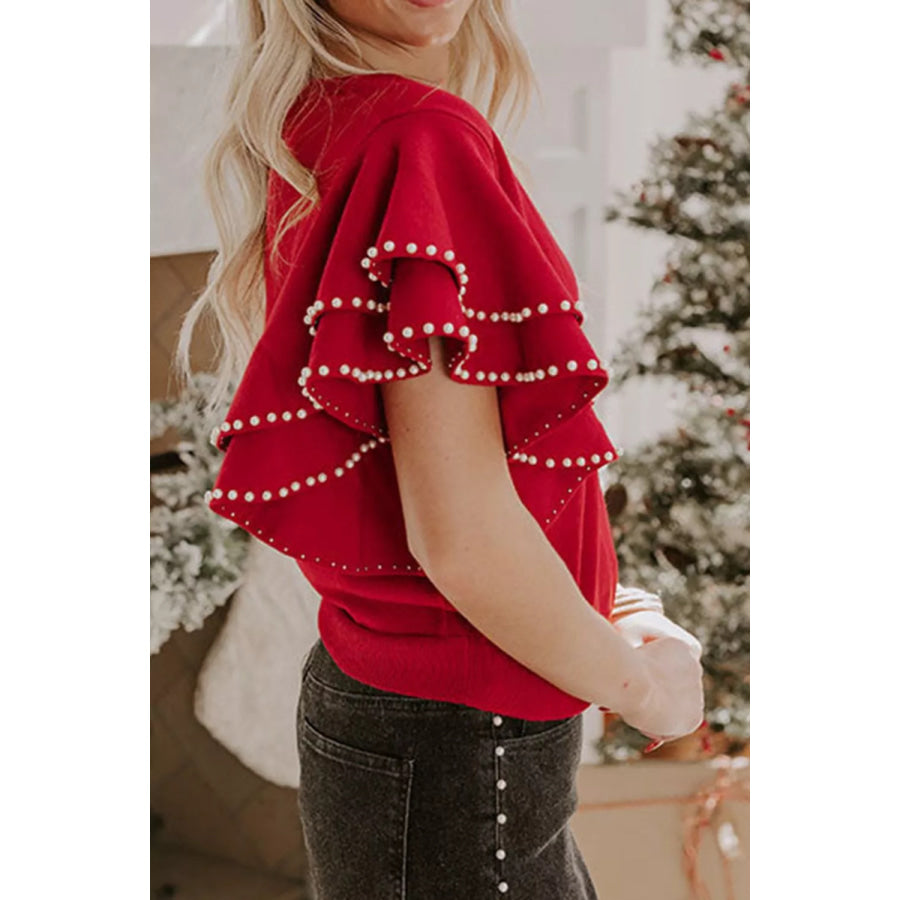 Ruffle Sleeve Pearl Embellished Knit Top Apparel and Accessories