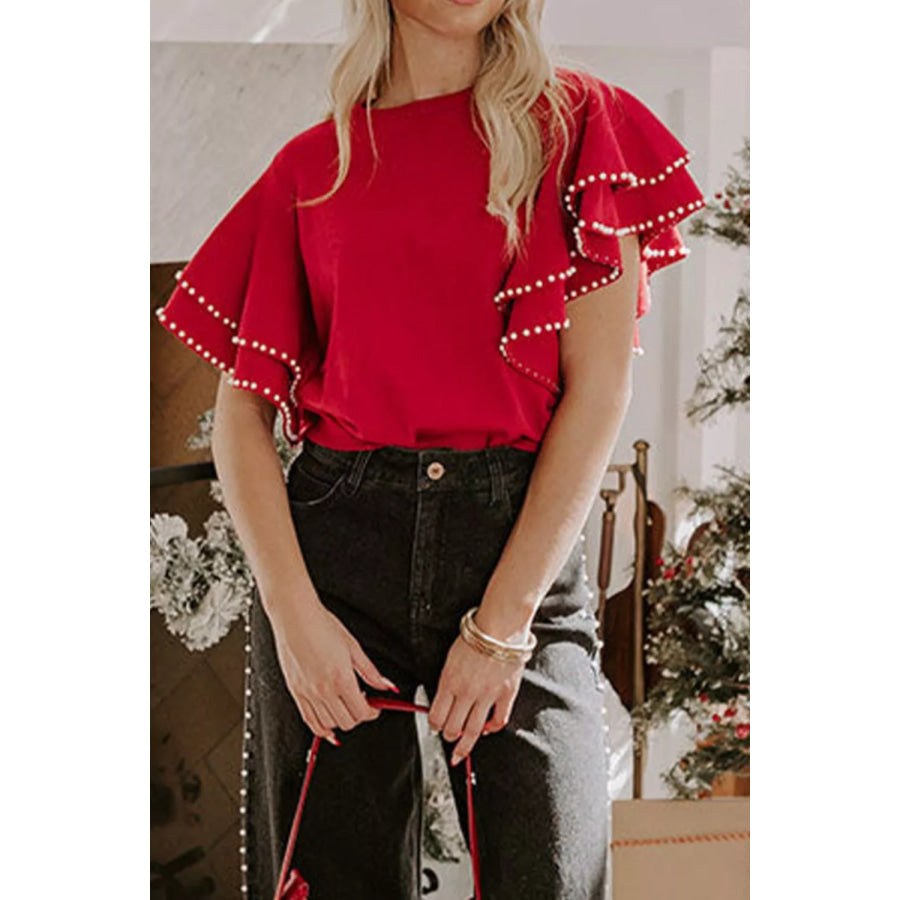 Ruffle Sleeve Pearl Embellished Knit Top Deep Red / S Apparel and Accessories