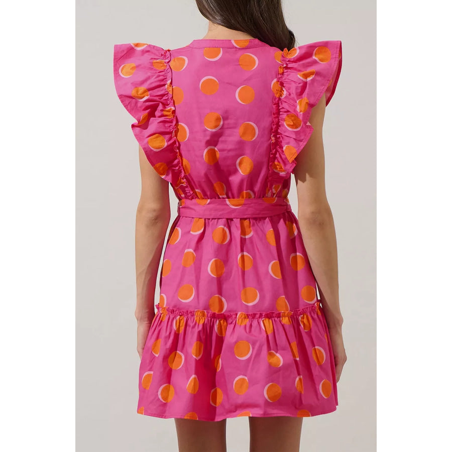 Ruffle Sleeve Polka Dot Mini Dress Deep Rose / S Apparel and Accessories
