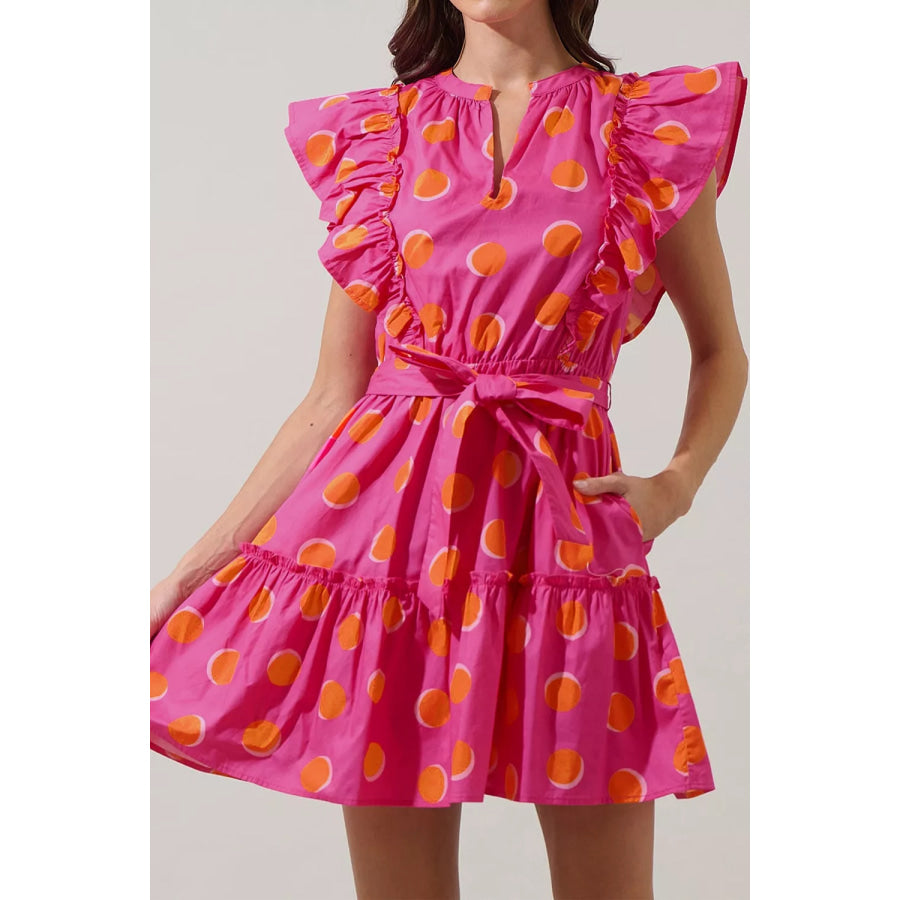 Ruffle Sleeve Polka Dot Mini Dress Deep Rose / S Apparel and Accessories