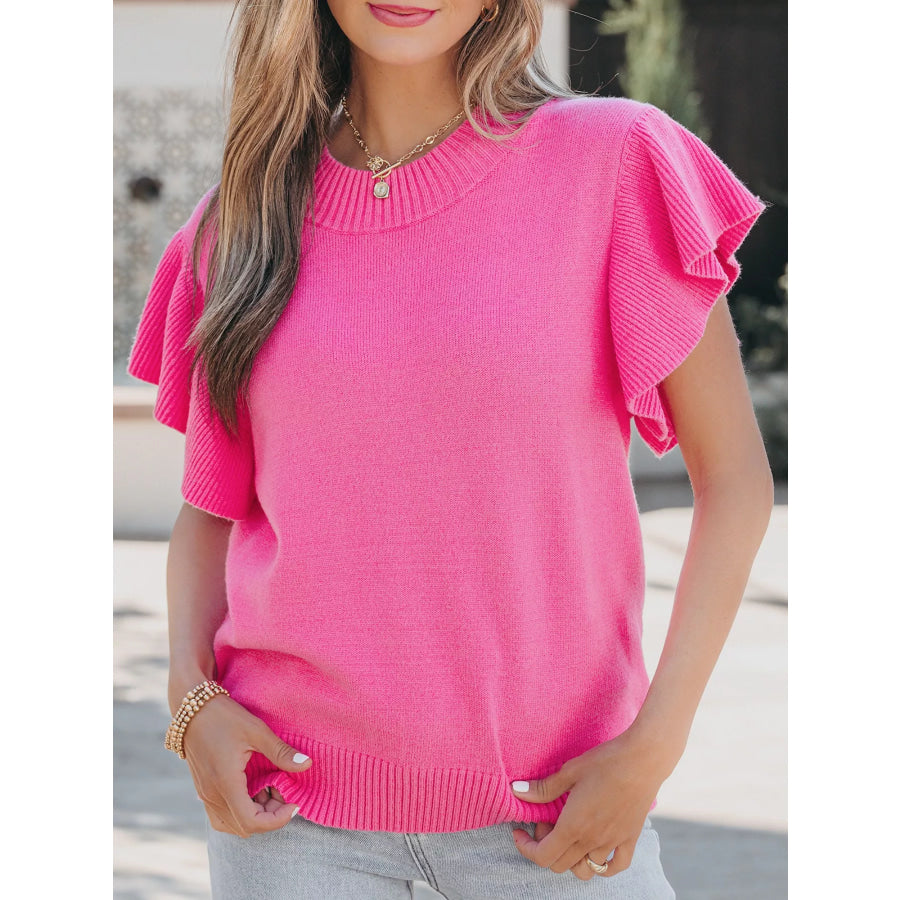 Ruffle Sleeve Round Neck Sweater Apparel and Accessories
