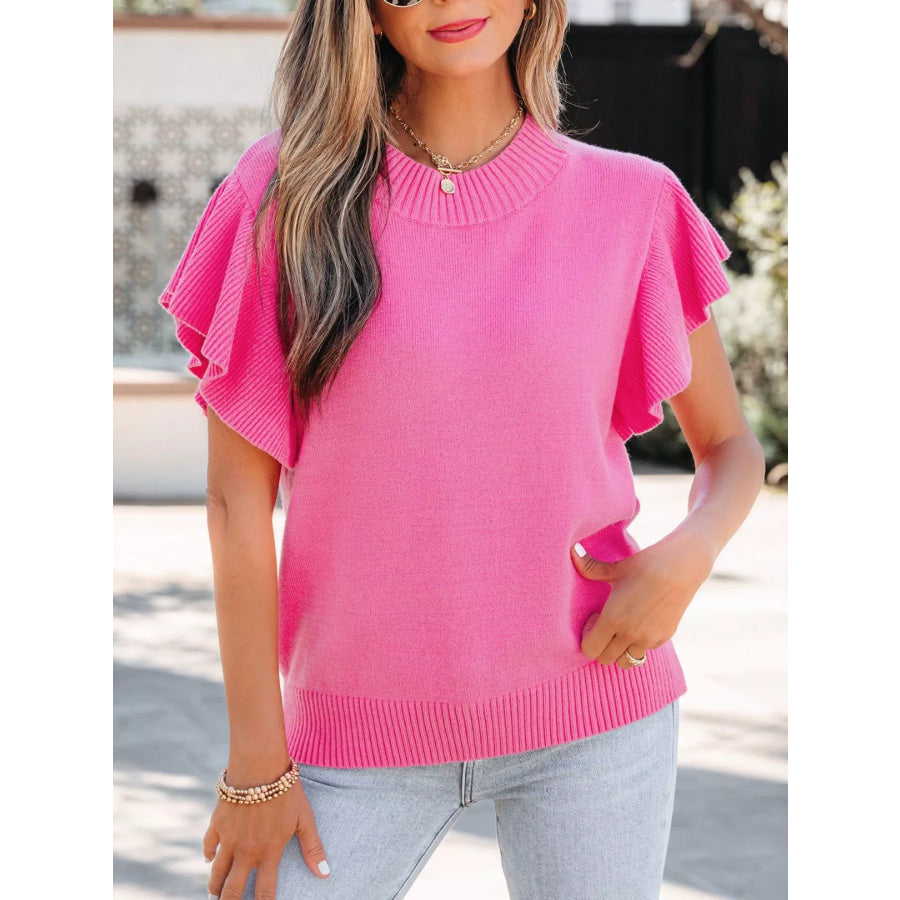Ruffle Sleeve Round Neck Sweater Fuchsia Pink / S Apparel and Accessories
