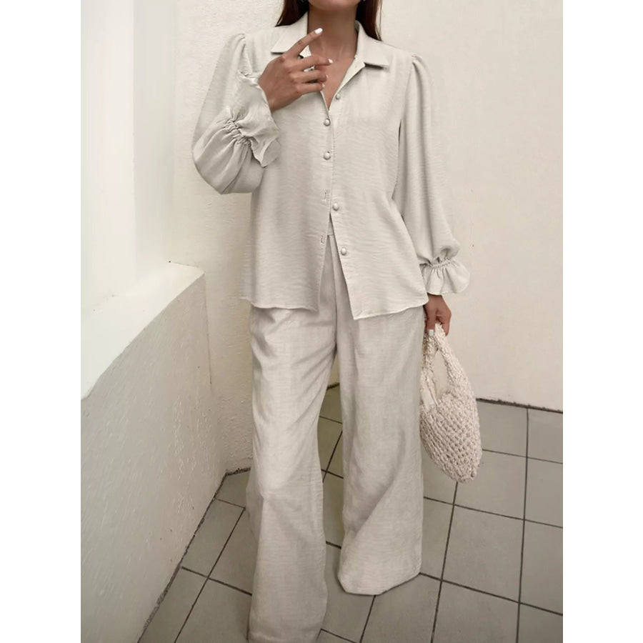 Ruffle Sleeve Shirt and Pants Set Beige / S Apparel and Accessories