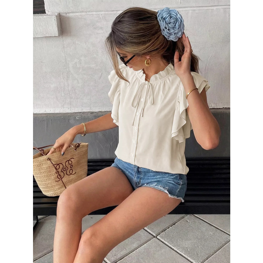 Ruffle Sleeve Tie-Neck Shirt Apparel and Accessories