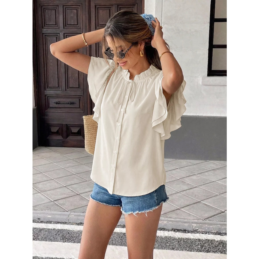 Ruffle Sleeve Tie-Neck Shirt Apparel and Accessories