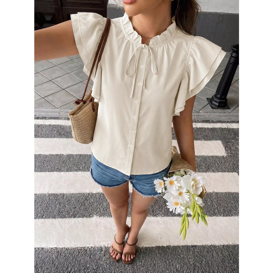 Ruffle Sleeve Tie-Neck Shirt Apparel and Accessories