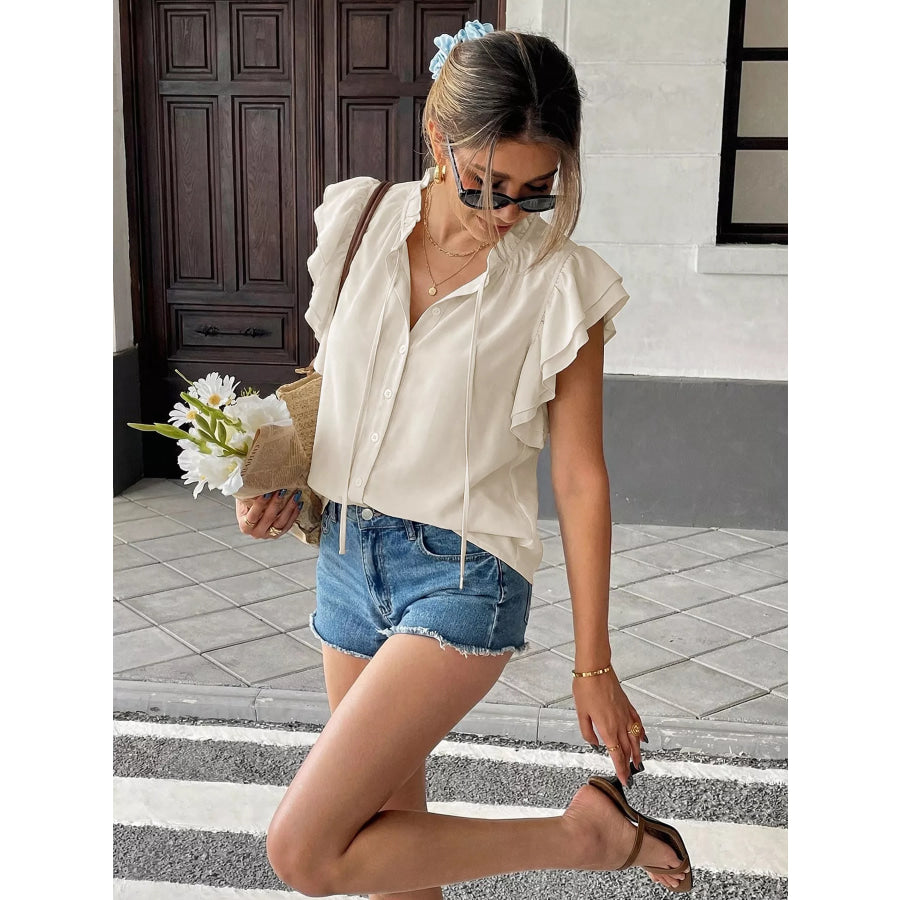 Ruffle Sleeve Tie-Neck Shirt Beige / S Apparel and Accessories