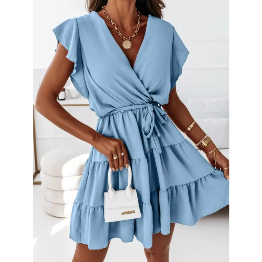 Ruffle Sleeve Tie Waist Tiered Mini Dress Light Blue / S Apparel and Accessories