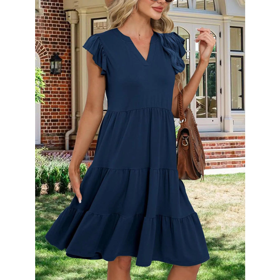Ruffle Sleeve Tiered Midi Dress Apparel and Accessories