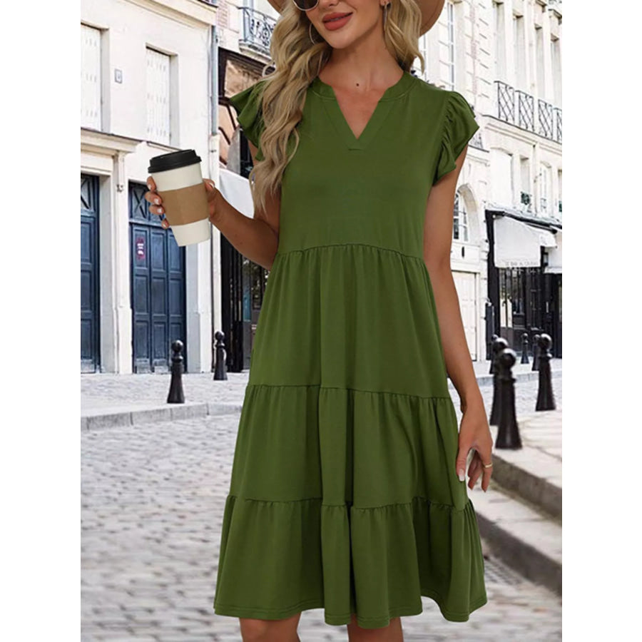Ruffle Sleeve Tiered Midi Dress Apparel and Accessories