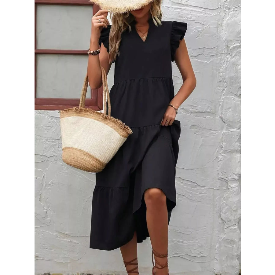 Ruffle Sleeve Tiered Midi Dress Black / S Apparel and Accessories