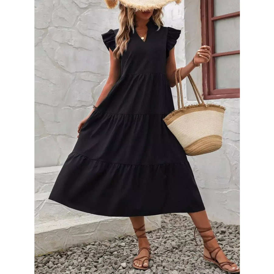 Ruffle Sleeve Tiered Midi Dress Apparel and Accessories