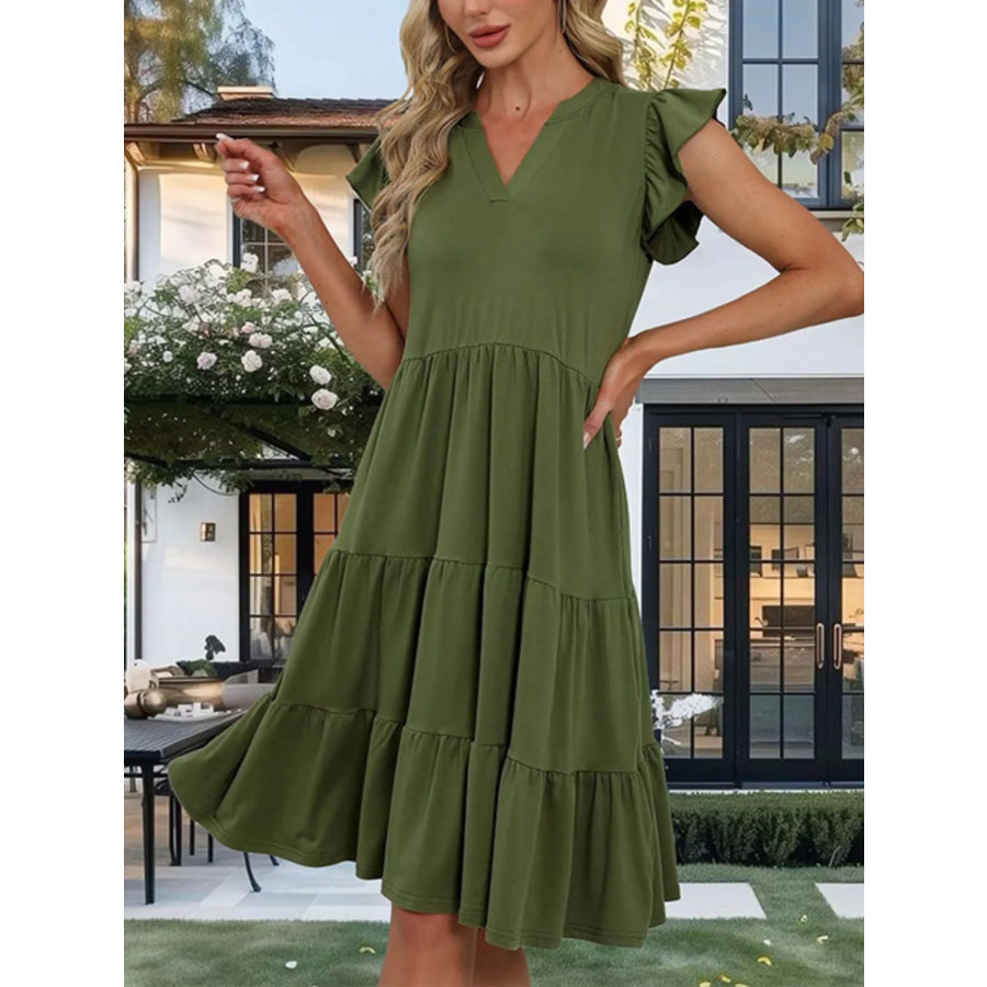 Ruffle Sleeve Tiered Midi Dress Apparel and Accessories