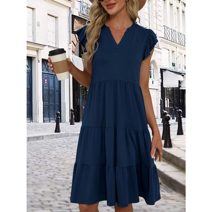 Ruffle Sleeve Tiered Midi Dress Apparel and Accessories