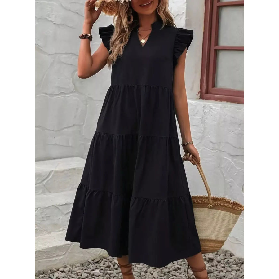 Ruffle Sleeve Tiered Midi Dress Black / S Apparel and Accessories