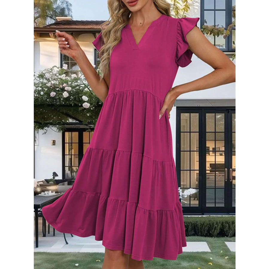 Ruffle Sleeve Tiered Midi Dress Cerise / S Apparel and Accessories