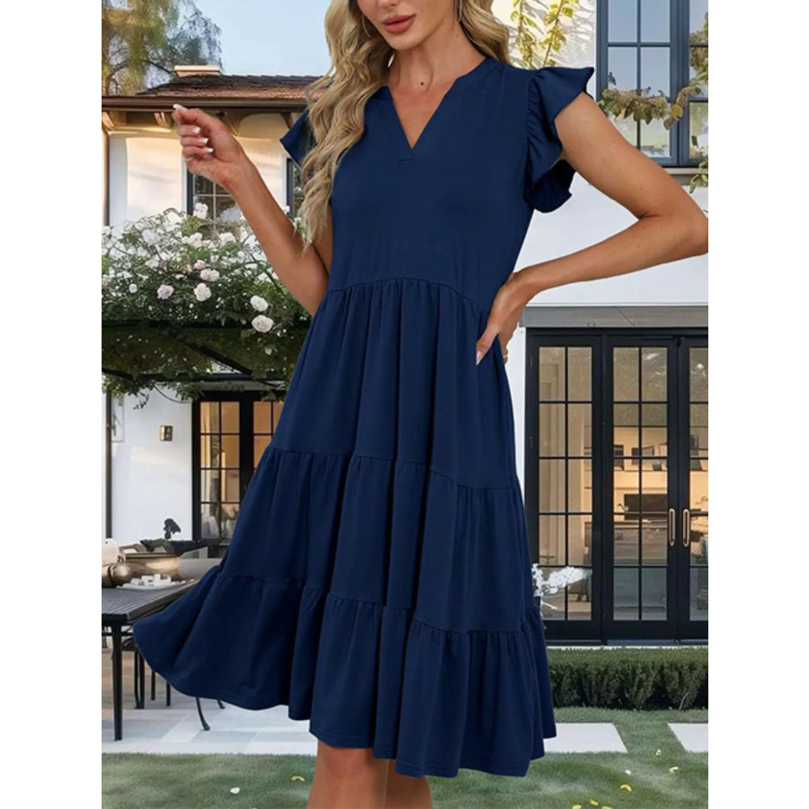 Ruffle Sleeve Tiered Midi Dress Dark Blue / S Apparel and Accessories