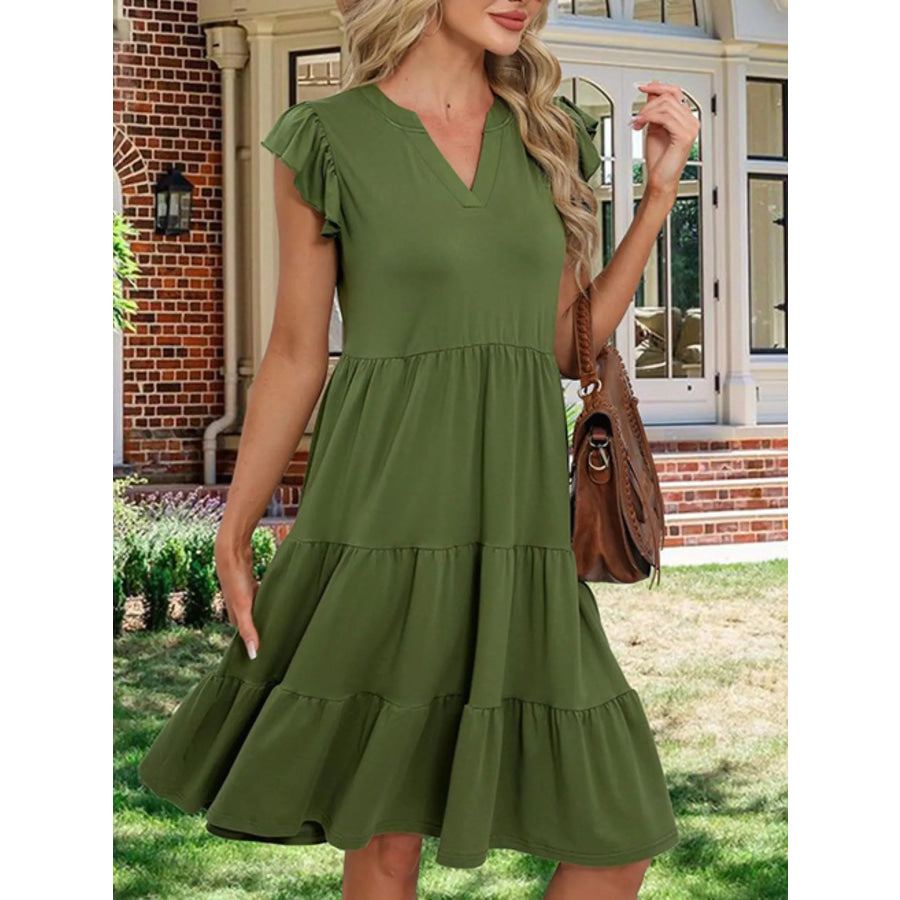 Ruffle Sleeve Tiered Midi Dress Moss / S Apparel and Accessories