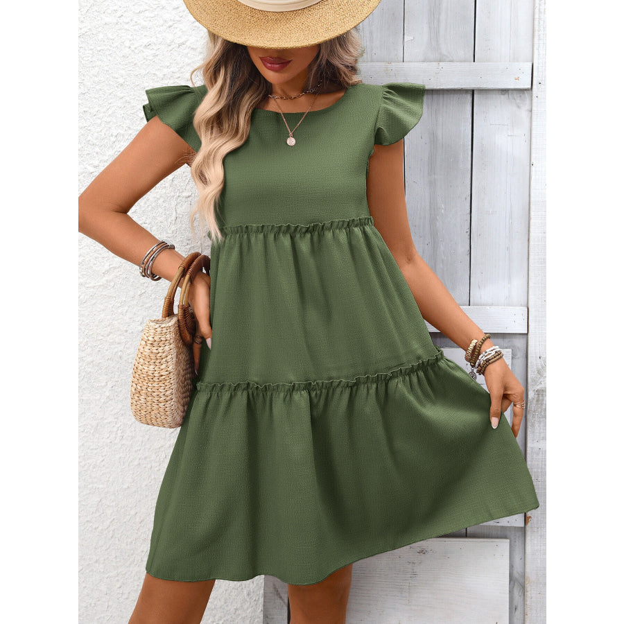 Ruffle Sleeve Tiered Mini Dress Army Green / S Apparel and Accessories