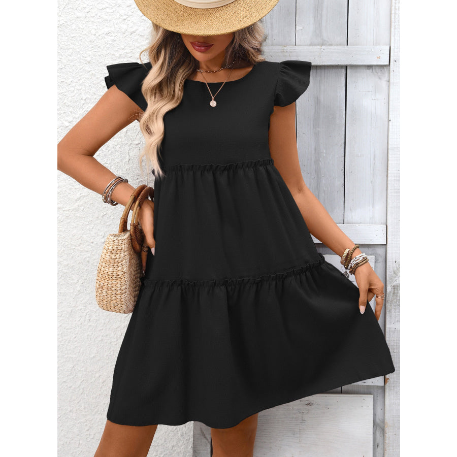 Ruffle Sleeve Tiered Mini Dress Black / S Apparel and Accessories