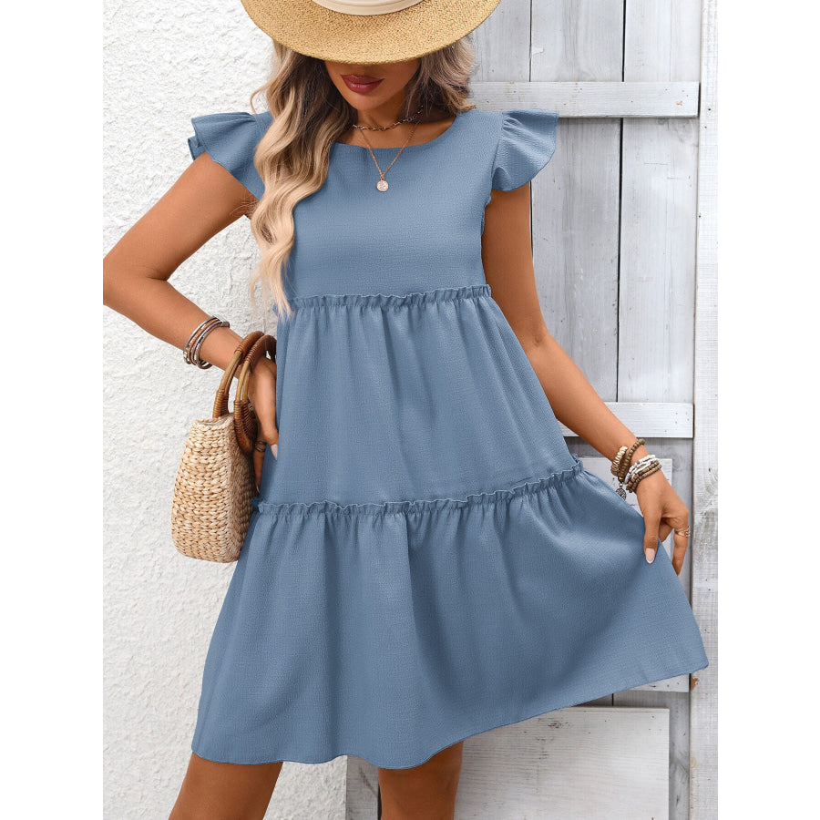 Ruffle Sleeve Tiered Mini Dress Gray Blue / S Apparel and Accessories