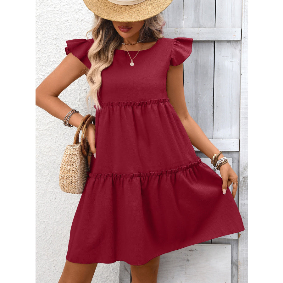 Ruffle Sleeve Tiered Mini Dress Wine Red / S Apparel and Accessories