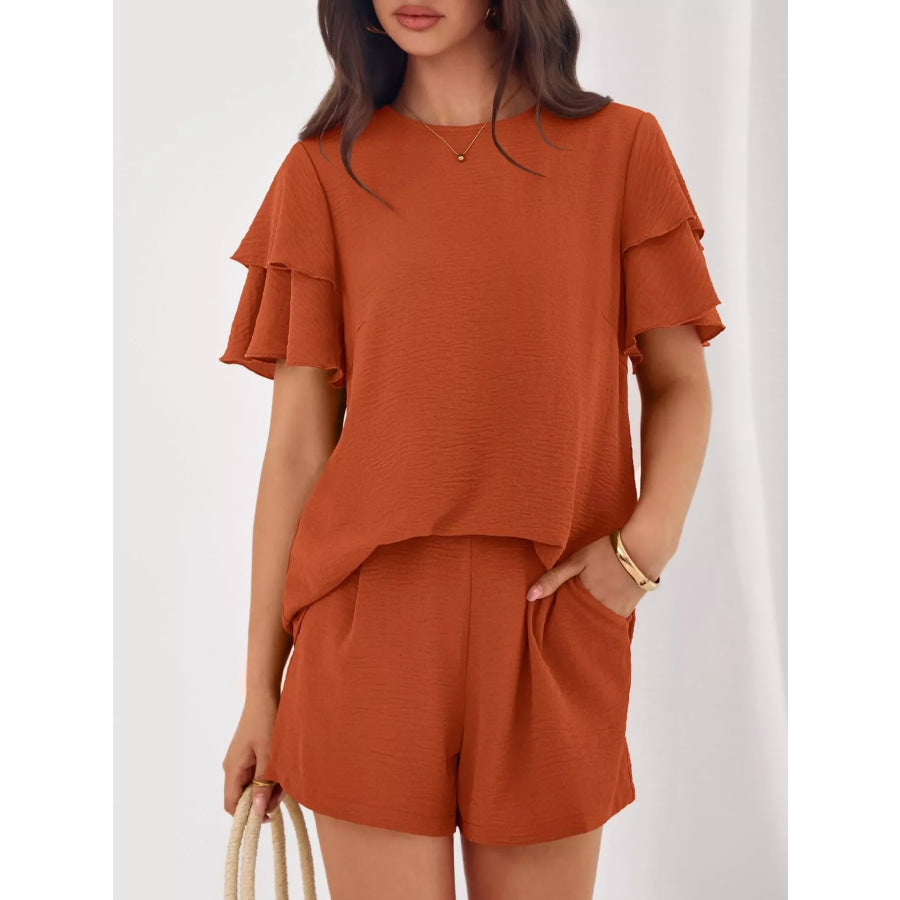 Ruffle Sleeve Top and Shorts Two-Piece Set Apparel and Accessories
