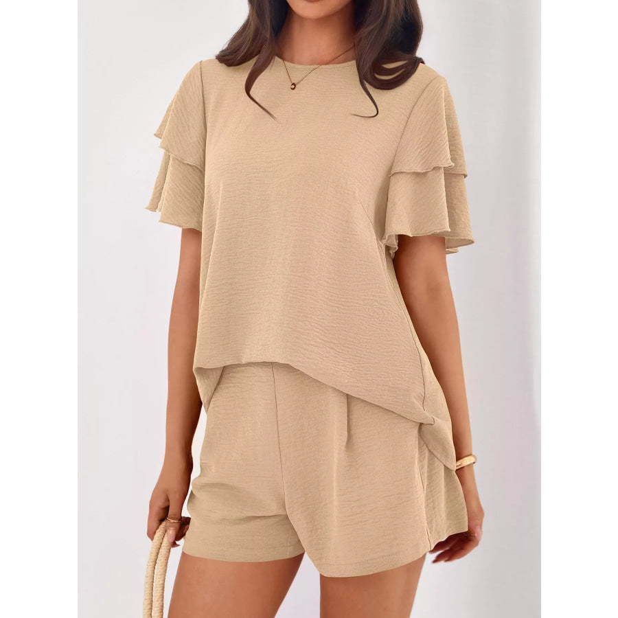Ruffle Sleeve Top and Shorts Two-Piece Set Apricot / S Apparel and Accessories