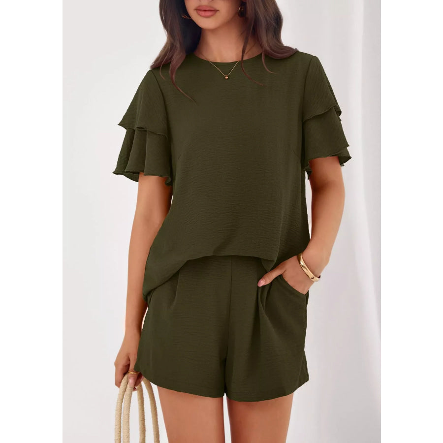 Ruffle Sleeve Top and Shorts Two-Piece Set Army Green / S Apparel and Accessories